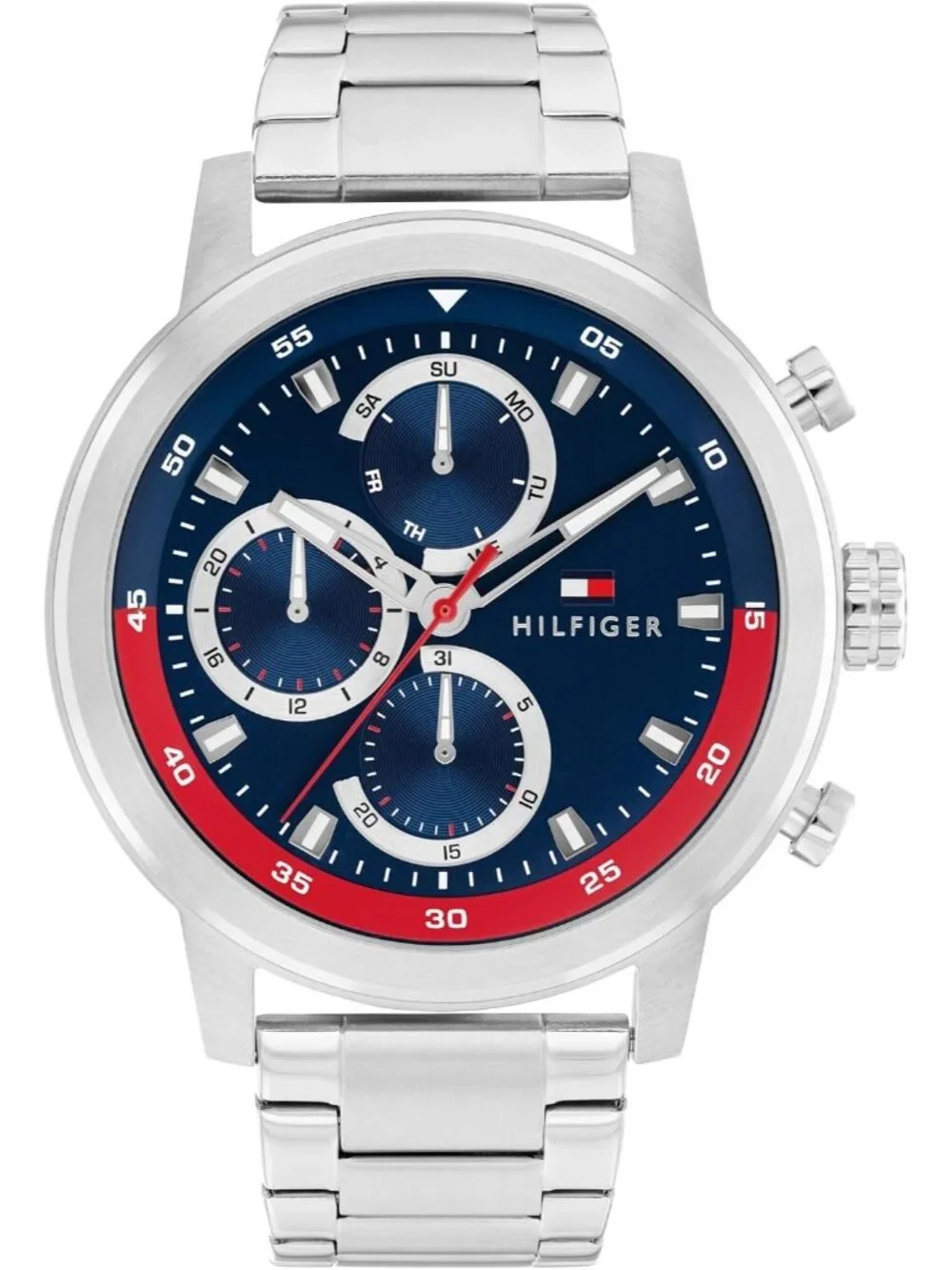Men's Silver Quartz Multifunction Stainless Steel Case Oversized Crown Watch